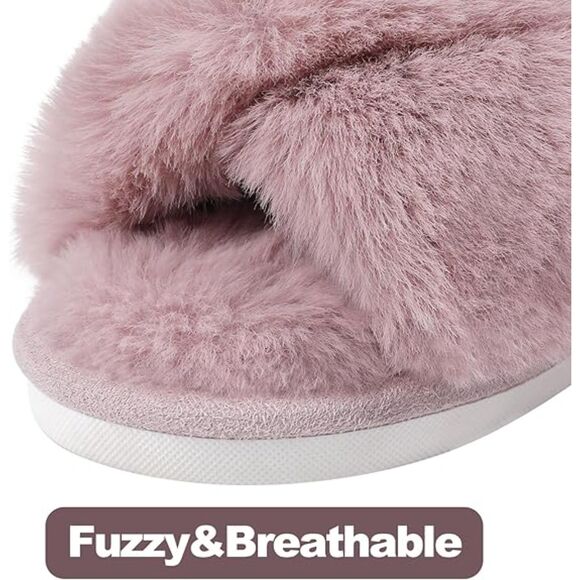 Women's Fuzzy Slippers Cross Band Dusty Pink Memory Foam House Slippers - Picture 2 of 4